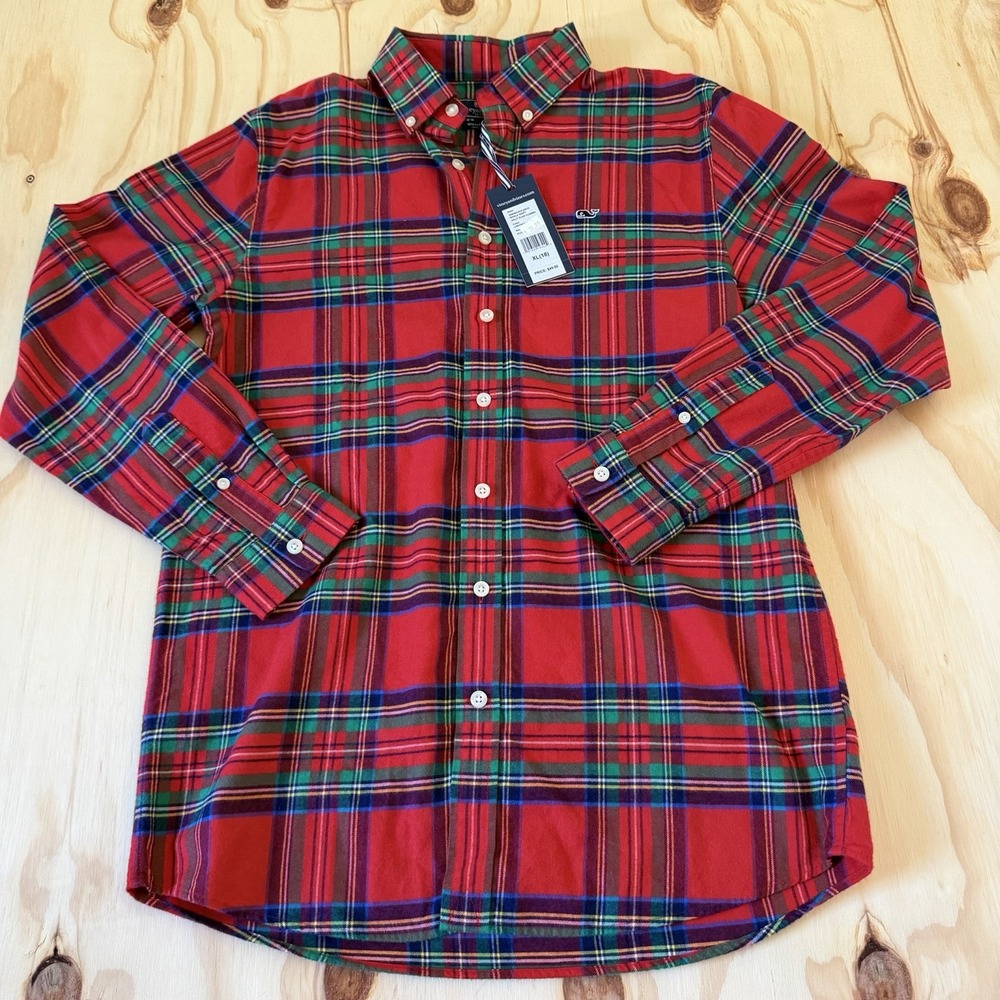 NWT Vineyard Vines Boys Red Tartan Flannel Whale Shirt Long Sleeve XL 18